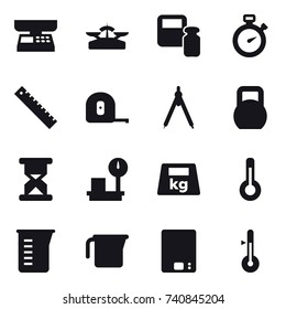 16 vector icon set : market scales, scales, scales weight, stopwatch, ruler, measuring tape, drawing compass, thermometer, measuring cup, kitchen scales