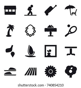 16 vector icon set : market, tourist, suitcase, lounger, palm, hawaiian wreath, restaurant, tennis, golf, windsurfing, flower in window, table, slippers, field, garden