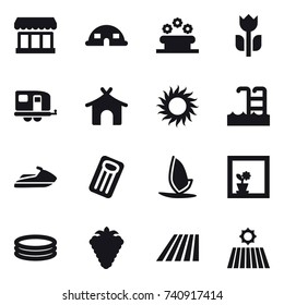 16 vector icon set : market, dome house, flower bed, trailer, bungalow, sun, pool, jet ski, inflatable mattress, windsurfing, flower in window, inflatable pool, berry, field