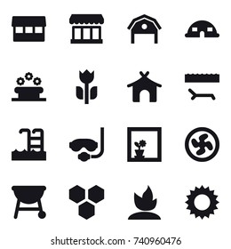 16 vector icon set : market, barn, dome house, flower bed, bungalow, lounger, pool, diving mask, flower in window, cooler fan, honeycombs, sprouting, sun