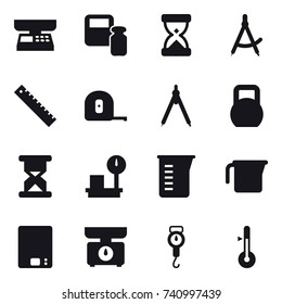 16 vector icon set : market scales, scales weight, draw compass, ruler, measuring tape, drawing compass, measuring cup, kitchen scales, handle scales, thermometer