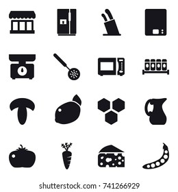 16 vector icon set : market, fridge, stands for knives, kitchen scales, skimmer, honeycombs, jug, tomato, carrot, cheese, peas