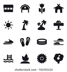 16 vector icon set : market, barn, bungalow, sun, palm, island, restaurant, jet ski, flip-flops, inflatable pool, slippers, pool, sprouting, flower, garden