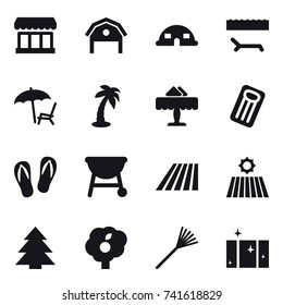 16 vector icon set : market, barn, dome house, lounger, palm, restaurant, inflatable mattress, flip-flops, field, spruce, garden, rake, clean  window