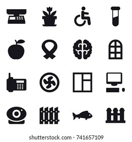 16 vector icon set : market scales, flower, arch window, cooler fan, window, fence, fish, grain elevator