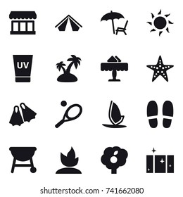 16 vector icon set : market, tent, lounger, sun, uv cream, island, restaurant, starfish, flippers, tennis, windsurfing, slippers, sprouting, garden, clean  window