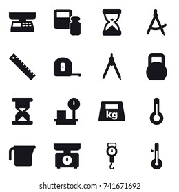 16 vector icon set : market scales, scales weight, draw compass, ruler, measuring tape, drawing compass, thermometer, measuring cup, kitchen scales, handle scales