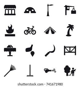 16 vector icon set : market, dome house, outdoor light, bike, tent, palm, restaurant, golf, sickle, farm fence, rake, blower, garden cleaning