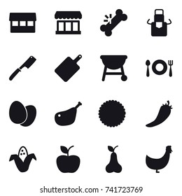 16 vector icon set : market, apron, chef knife, cutting board, hot pepper, corn, apple, pear, chicken