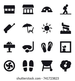 16 vector icon set : market, dome house, tourist, suitcase, lounger, sun, aquapark, restaurant, diving mask, flip-flops, flower in window, cooler fan, slippers, garden