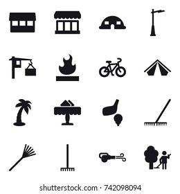 16 vector icon set : market, dome house, outdoor light, bike, tent, palm, restaurant, golf, rake, blower, garden cleaning