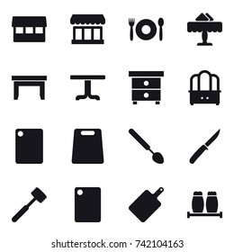 16 vector icon set : market, cafe, restaurant, table, nightstand, dresser, cutting board, big spoon, knife, meat hammer