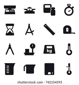 16 vector icon set : market scales, scales, scales weight, stopwatch, draw compass, ruler, measuring tape, drawing compass, thermometer, measuring cup, kitchen scales