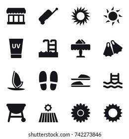16 vector icon set : market, suitcase, sun, uv cream, pool, restaurant, flippers, windsurfing, slippers, field, flower