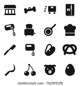 16 vector icon set : market, bone, fridge, mixer, toaster, pan, cook hat, chef knife, sickle, cherry, pig, egg
