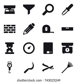 16 vector icon set : market scales, funnel, brick wall, pencil, measuring tape, level, barometer, kitchen scales, handle scales, sickle, pruner, rake