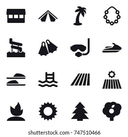 16 vector icon set : market, tent, palm, hawaiian wreath, aquapark, flippers, diving mask, jet ski, slippers, pool, field, sprouting, sun, spruce, garden