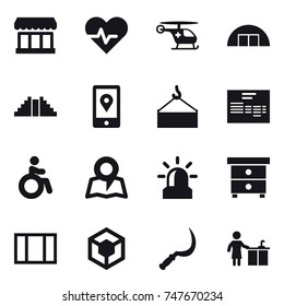 16 vector icon set : market, hangare, pyramid, invalid, map, alarm, nightstand, window, sickle, kitchen cleaning
