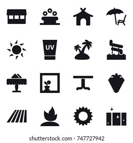 16 vector icon set : market, flower bed, bungalow, lounger, sun, uv cream, island, aquapark, restaurant, flower in window, table, berry, field, sprouting, clean  window