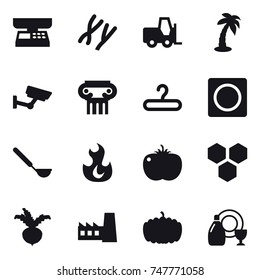 16 vector icon set : market scales, palm, surveillance, antique column, hanger, ring button, ladle, honeycombs, beet, factory, pumpkin, dish cleanser
