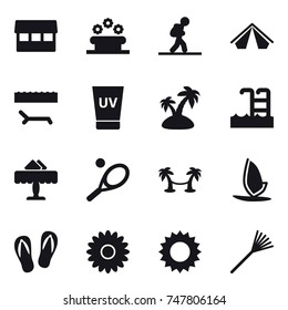 16 vector icon set : market, flower bed, tourist, tent, lounger, uv cream, island, pool, restaurant, tennis, palm hammock, windsurfing, flip-flops, flower, sun, rake