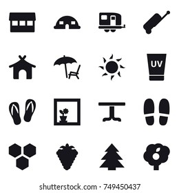 16 vector icon set : market, dome house, trailer, suitcase, bungalow, lounger, sun, uv cream, flip-flops, flower in window, table, slippers, honeycombs, berry, spruce, garden