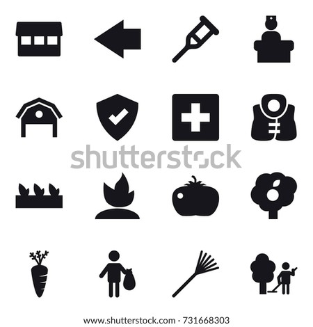 16 vector icon set : market, left arrow, barn, first aid, life vest, seedling, sprouting, tomato, garden, carrot, trash, rake, garden cleaning