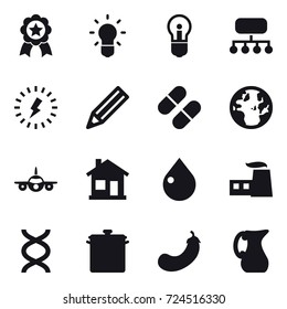 16 vector icon set : medal, bulb, structure, lightning, pencil, home, drop, pan, eggplant, jug