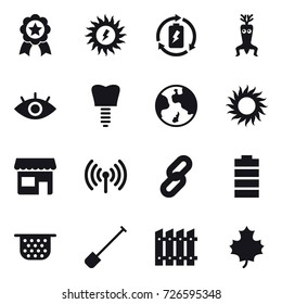 16 vector icon set : medal, sun power, battery charge, dna modify, earth, sun, shop, wireless, colander, shovel, fence, maple leaf