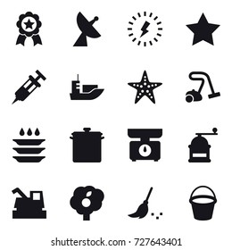 16 vector icon set : medal, satellite antenna, lightning, star, starfish, vacuum cleaner, plate washing, pan, kitchen scales, hand mill, harvester, garden, broom, bucket