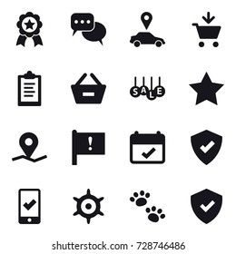 16 vector icon set : medal, discussion, car pointer, add to cart, clipboard, remove from basket, sale, star, mobile checking, handwheel, pets