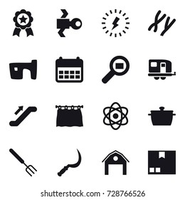 16 vector icon set : medal, satellite, lightning, slum, trailer, escalator, curtain, pan, big fork, sickle, barn, package