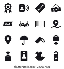 16 vector icon set : medal, pass card, sale label, sale, barcode, baggage get, baggage, identity card, handle washing, please clean
