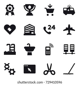 16 vector icon set : medal, trophy, add to cart, airplane, pool, scissors, rake