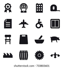 16 vector icon set : medal, notebook globe, building, measuring tape, airplane, invalid, power switch, chair, cutting board, mortar, pig, seedling, barrel, flower, hard reach place cleaning