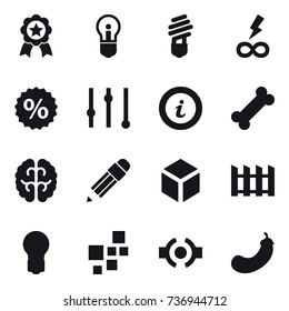 16 vector icon set : medal, bulb, infinity power, percent, equalizer, info, pencil, 3d, fence, eggplant