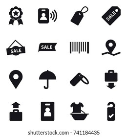 16 vector icon set : medal, pass card, label, sale label, sale, barcode, baggage get, baggage, identity card, handle washing, please clean