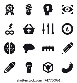 16 vector icon set : medal, bulb, bulb head, eye identity, infinity power, add to basket, equalizer, info, bridge, pencil, eggplant