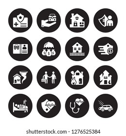 16 vector icon set : Medical insurance, Health Heart Hospitalization, House insurance for storms, Hail on the car, License isolated black background
