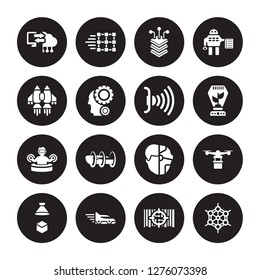 16 Vector Icon Set : Memory Transfer, High Capacity Color Barcode, Speed Tube, Hologram, Hover Transport, Graphene, Jetpack, Immersive, Infra Isolated On Black Background