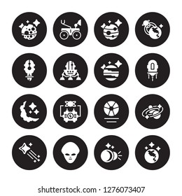 16 vector icon set : Mercury, Eclipse, Extraterrestrial, Falling star, Galaxy, Earth, Liftoff, Half moon, Jupiter isolated on black background