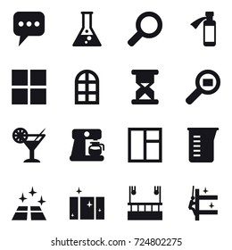 16 vector icon set : message, flask, window, arch window, cocktail, coffee maker, measuring cup, clean floor, clean  window, skyscapers cleaning, skyscrapers cleaning