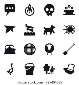 16 vector icon set : message, rocket, flower bed, deltaplane, aquapark, dog, kettle, sheep, shovel, goose, foam bucket, garden cleaning, floor washing