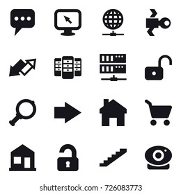 16 vector icon set : message, monitor arrow, globe connect, satellite, up down arrow, server, unlock, magnifier, right arrow, home, cart, unlocked, stairs