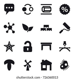 16 vector icon set : message, quantum bond, nanotube, percent, block wall, repair, starfish, unlocked, table, windmill, house, microb
