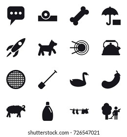 16 vector icon set : message, dog, kettle, shovel, goose, eggplant, sheep, cleanser, drying clothe, garden cleaning