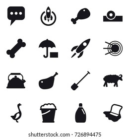 16 vector icon set : message, rocket, chicken leg, kettle, shovel, sheep, goose, foam bucket, cleanser, floor washing