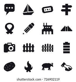 16 vector icon set : message, boat, ticket, singlepost, pencil, factory, pyramid, camera, fence, fire, sheep, wiping