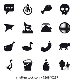 16 vector icon set : message, rocket, chicken leg, deltaplane, aquapark, kettle, goose, eggplant, sheep, foam bucket, cleanser, garden cleaning