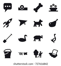 16 vector icon set : message, flower bed, deltaplane, dog, shovel, goose, sheep, foam bucket, drying clothe, garden cleaning, floor washing